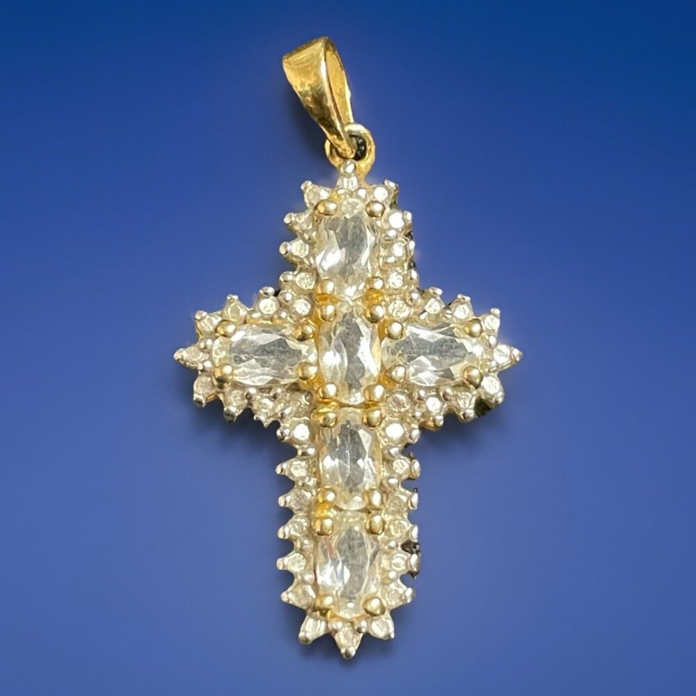 Signed 925 Sterling Silver Gemstone Cross Pendent Gold-Tone
